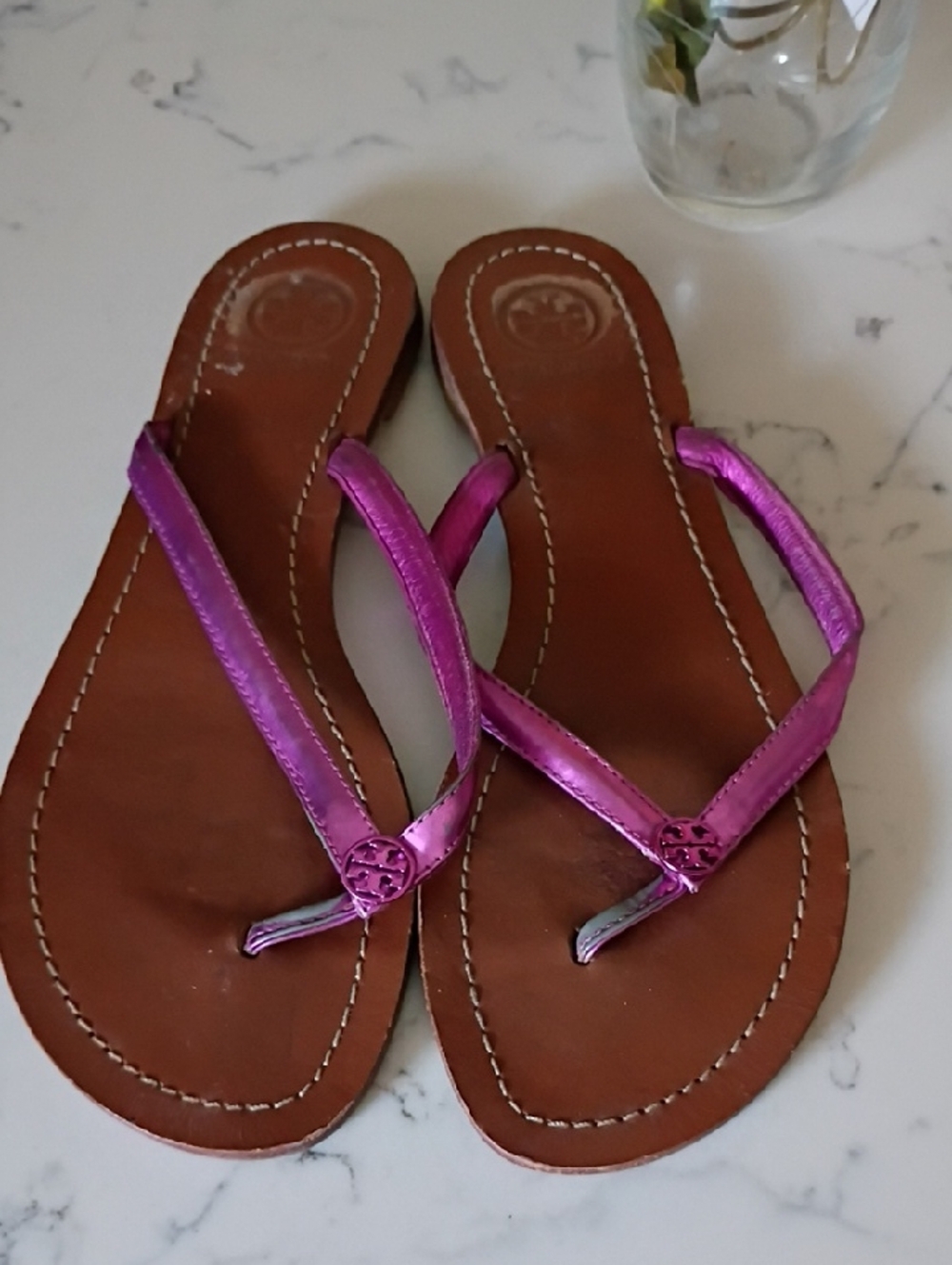 TORY BURCH Metallic Purple Leather Flip-Flop Sandals - Women's